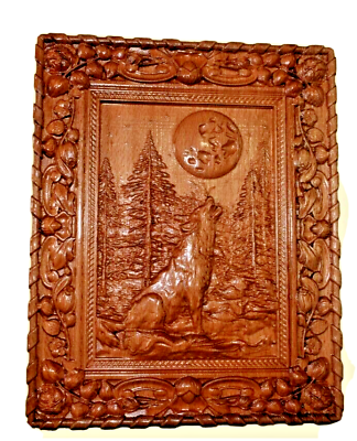 #ad Wolf in the forest and the moon. Art Painting Wood Carving For Home Wall Decor $139.00