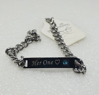 #ad New NWT Stainless Steel Her One 💙 Heart ID Bracelet Unisex 8.5quot; w aqua gemstone $6.00