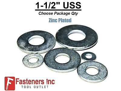 #ad 1 1 2quot; USS Flat Washers Grade 2 Steel Zinc Plated 3 1 2quot;OD Choose Pkg Quantity $18.71