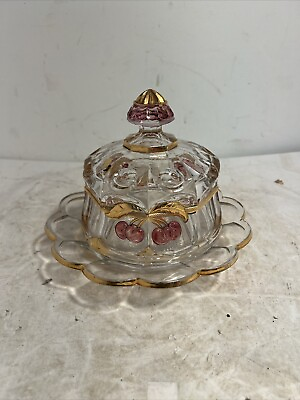 #ad VTG EAPG Mosser Northwood Red Cherry Gold Glass Butter Cheese Dish Thumbprint $25.00