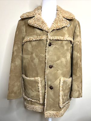 #ad #ad Vintage 1970s Finger Hut Sherpa Jacket Men’s Size 42 Brown Faux Suede Coat $38.95