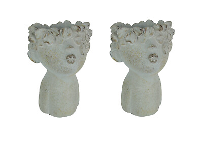 #ad Set of 2 Pucker Up Junior Kissing Face Weathered Finish Concrete Head Planter $38.80