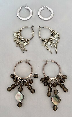 #ad Lot of 3: Silver Hoop Earrings Dangling Chain Beaded Accent Snap 1.25 3.25quot; L $16.99