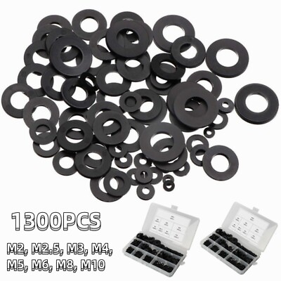 #ad 1300 PCS Nylon Flat Ring Plastic Washer Gaskets Black M2 M2.5 M3 M4 M5 M6 M8 M10 $23.99