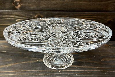 #ad Antique EAPG Clear Glass Cake Stand 11 1 2” x 4 3 4” Starbursts Design $60.00