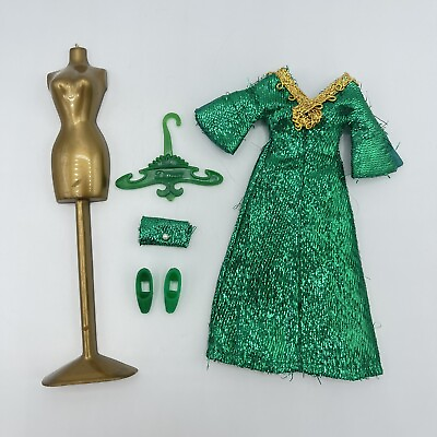 #ad Vintage 1970s Topper Dawn Doll GREEN SLINK GOWN Dress Outfit #0716 Shoes Purse $27.99