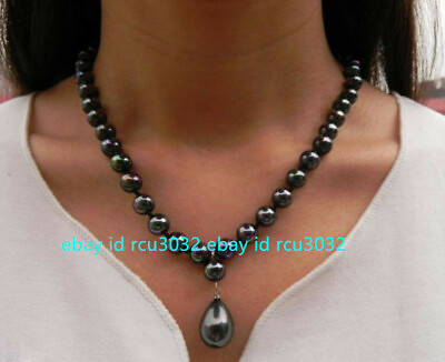 Black South Sea Shell Pearl 8mm Round Beads Drop Pendant Necklace 18quot; AAA $4.50