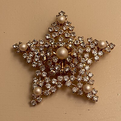 #ad Adele Simpson Signed 1940s Star Clear Rhinestone Faux Pearl Brooch Pin Estate $79.95