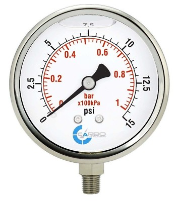 4quot; Pressure Gauge Stainless Steel Case Liquid Filled Lower Mnt 15 PSI $32.95