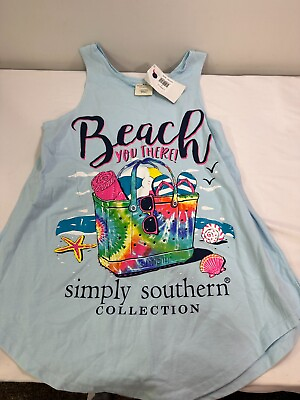 #ad Simply Southern Tank Top Beach You There Ice Blue Womens Size Medium NWT $8.99