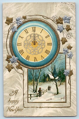 #ad Swanton Ohio OH Postcard New Year Clock Winter Scene Winsch Back 1910 Antique $14.95