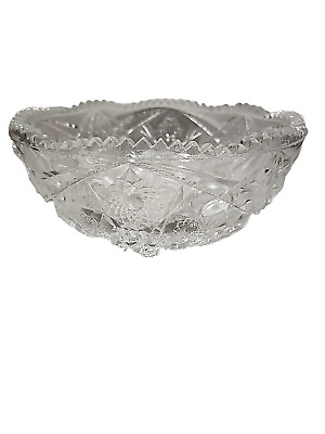 #ad EAPG Clear Cut Glass Sawtooth Rim Floral Motif Bowl Atq 8quot; Diameter $64.98