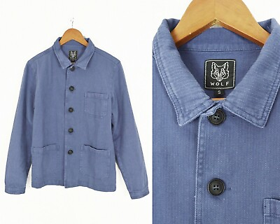 #ad #ad 60s Style Washed Indigo Blue French Jacket Workwear Chore Herringbone Cotton GBP 59.95
