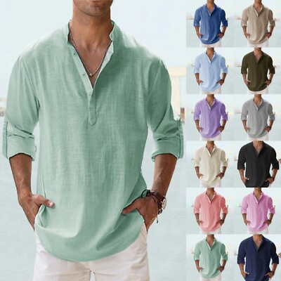 #ad Men Cotton Blend Long Sleeve Button T Shirts Blouse Sports Casual V Neck Tops $16.81
