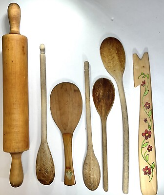 #ad 7 Vintage WOOD LOT WOODEN SPOONS amp; ROLLING PIN Farmhouse $28.99