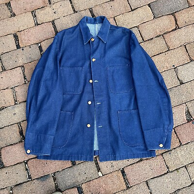 #ad Vintage A1 1970s Unbranded Denim Chore Coat Unlined Mens Size XL Dark Blue $40.00