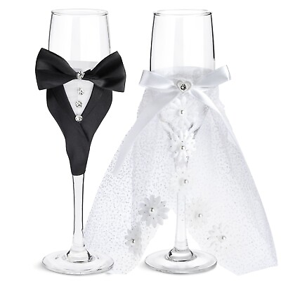 #ad Bride and Groom Champagne Flutes Wedding Dress Tuxedo Toasting Glasses Gift Set $19.99