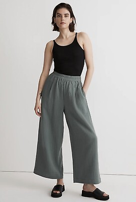 #ad MADEWELL Womens Pants Green Gauze The Untailored Wide Leg Crop Pant Sz M Pull On $44.99