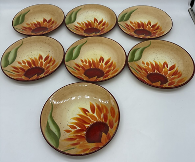 #ad 7 Pfaltzgraff Evening Sun Hand Painted 9quot; Sunflower Salad Lunch Plates $42.50