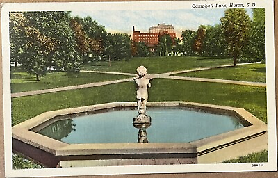 #ad Huron South Dakota Campbell Park Fountain Statue Vintage Linen Postcard 1940 $8.21
