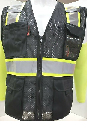 #ad #ad FX Two Tone High Visibility Reflective BLACK Safety Vest w ID pocket Small 2XL $13.99
