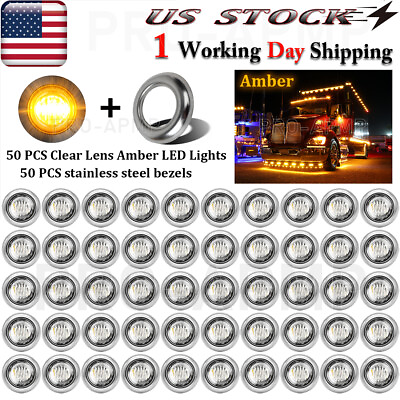 #ad 50X Amber Clear LED Side Marker Lights 3 4quot;Truck Trailer Bullet Stainless Bezel $59.98