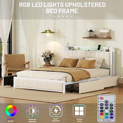 #ad Bed Frame with LED Headboard Upholstered Bed with 4 Storage DrawersUSB BEST US $199.96
