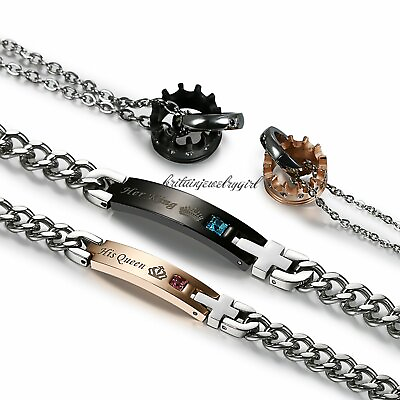#ad Couple Stainless Steel King Queen Crown Pendant Necklace Bracelet Valentine Set $20.89