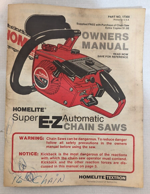 #ad Homelite Super E Z Automatic Chainsaw Manual Only 16quot; bar 17300 Instructions $14.99