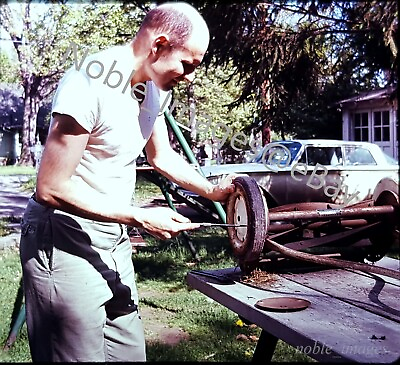 #ad 1964 Craftsman Manual Mower Man Removes Wheel Ektachrome 127 Color Slide $3.50