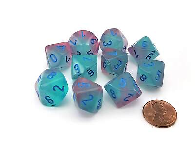 #ad Set of 10 Chessex Luminary Gemini D10 Dice Gel Green Pink with Blue Numbers $9.26
