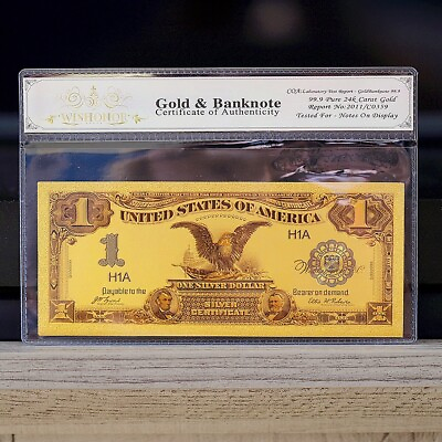 #ad 100mg 24K Gold 1899 $1 Dollar Black Eagle Silver Certificate Banknote White COA $14.95