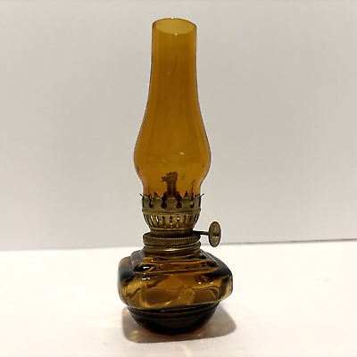 #ad Vintage Miniature Lamp Lantern Kerosene Oil 6.75” Amber Glass Chase Japan $24.95