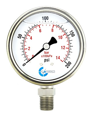 #ad 2 1 2quot; Pressure Gauge Stainless Steel Case Liquid Filled Lower Mnt 200 PSI $11.95