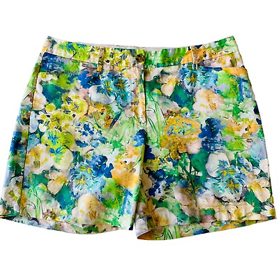 Lands End Womens Shorts 12 Floral Multi Water Colors Mid Rise Pockets Zip Belted $17.95