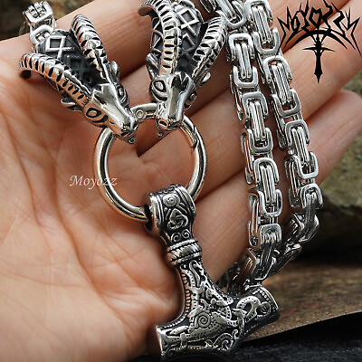 #ad Dragon Head Viking Stainless Steel King Chain Thor Hammer Necklace Pendant Gift $19.99
