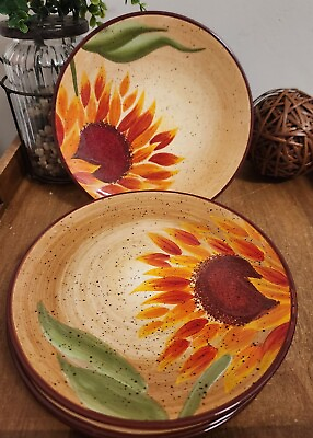 #ad 5 Pfaltzgraff Evening Sun Hand Painted 9quot; Sunflower Salad Lunch Plates $22.00