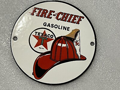 6 Inch Texaco Fire chief GASOLINE OIL PORCELAIN ENAMEL SIGN Oil Gas pump Plate #ad $45.00