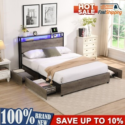 #ad LED Bed Frame Storage Headboard with Charging Station Solid and Stable HOT NEW $199.36