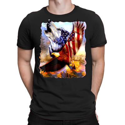 #ad Wolf American Flag Independence Patriotic 4Th Of July Retro S 5XL Gift O T Shirt $26.99
