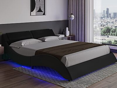 #ad Queen Led Bed Frame Modern Upholstered Platform Bed Wave Like Low Profile Bed $179.97