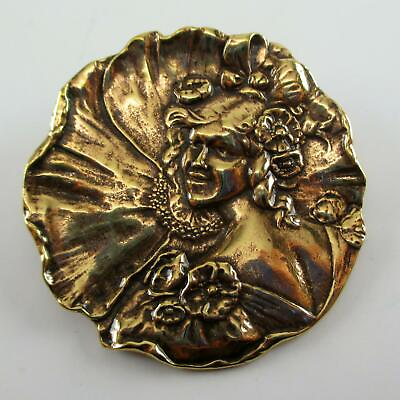 #ad Vintage BROOCH Lady before Flower ART NOUVEAU French Casting BRASS PIN Garden $8.00