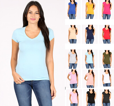 #ad Women#x27;s Basic V Neck T Shirt Soft Cotton Knit Short Sleeve Solid Plain Top $11.99