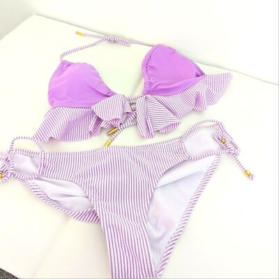 #ad Jessica Simpson Ruffle Bikini Medium Lavender Purple Seersucker Striped $24.00