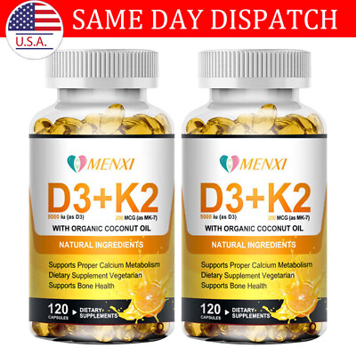#ad 2 Bottles Vitamin K2 MK7 D3 5000 IU Supplement BioPerine Capsules Immune $21.96