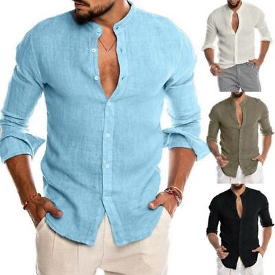 #ad Mens Casual Shirt Linen Long Sleeve T Shirts Slim Fit Cotton Blouse Basic Tops $17.84