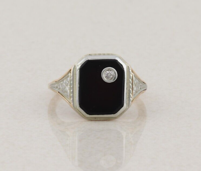 #ad 10k Yellow Gold and White Gold Onyx amp; Diamond Ring Antique Art Deco Size 7 1 2 $365.00