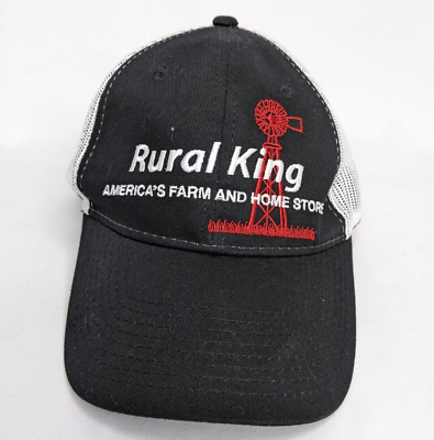 #ad Rural King Trucker Hat Cap Black White Mesh Adjustable Strap Farming Home Store $8.50