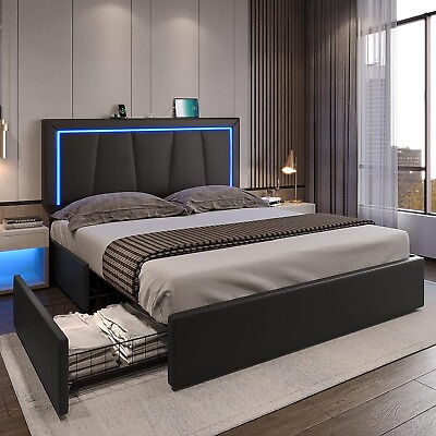 #ad Queen Size Upholstered Platform Bed Frame with Smart RGB LED Headboardamp;USB Ports $249.97