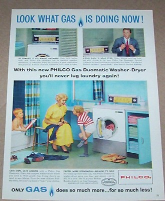 #ad 1959 print ad American Gas laundry Philco little boy Mom dad family Advertising $6.99